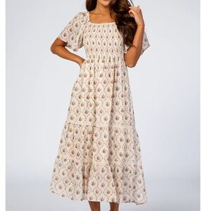 Pink blush ivory floral chiffon smocked front lace trim maternity dress